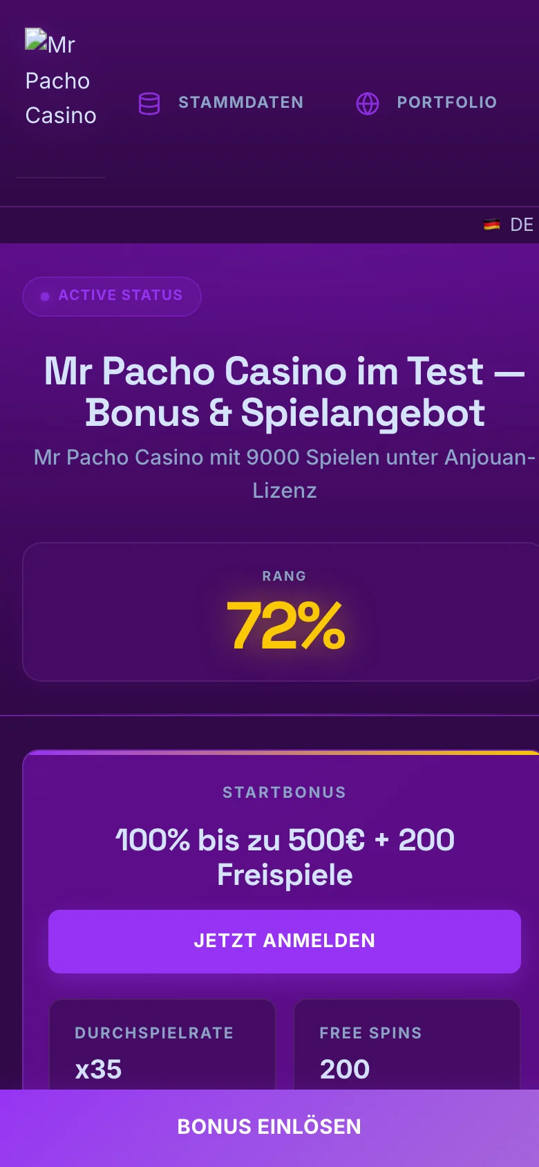 Mr Pacho Casino mobile lobby screenshot