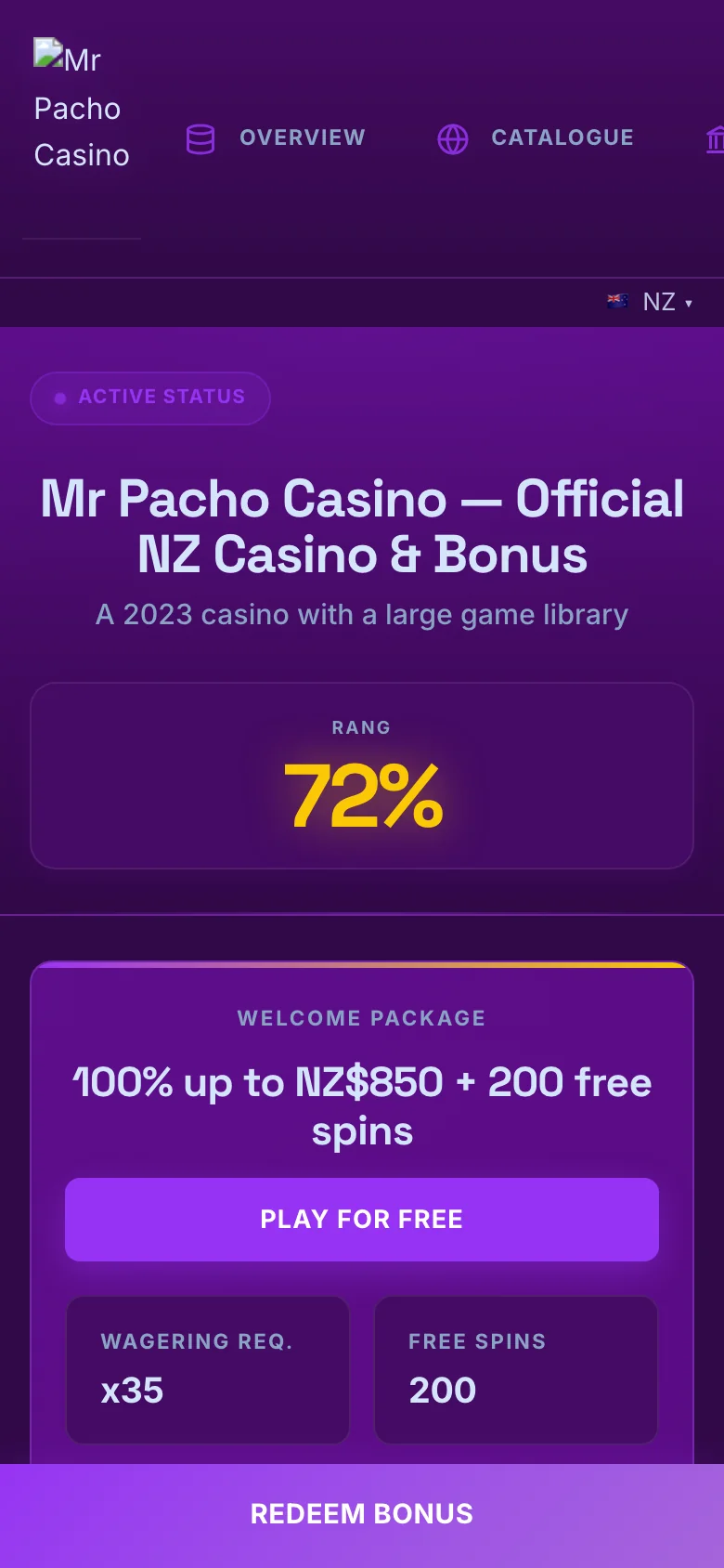 Mr Pacho Casino mobile lobby screenshot